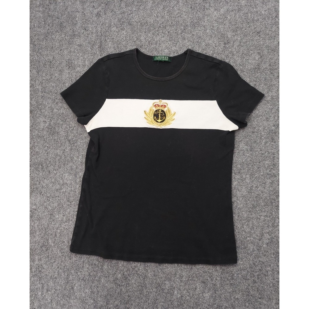 LRL Ralph Lauren Top Womens Small Black White Anchor‎ Gold Crest Short Sleeve